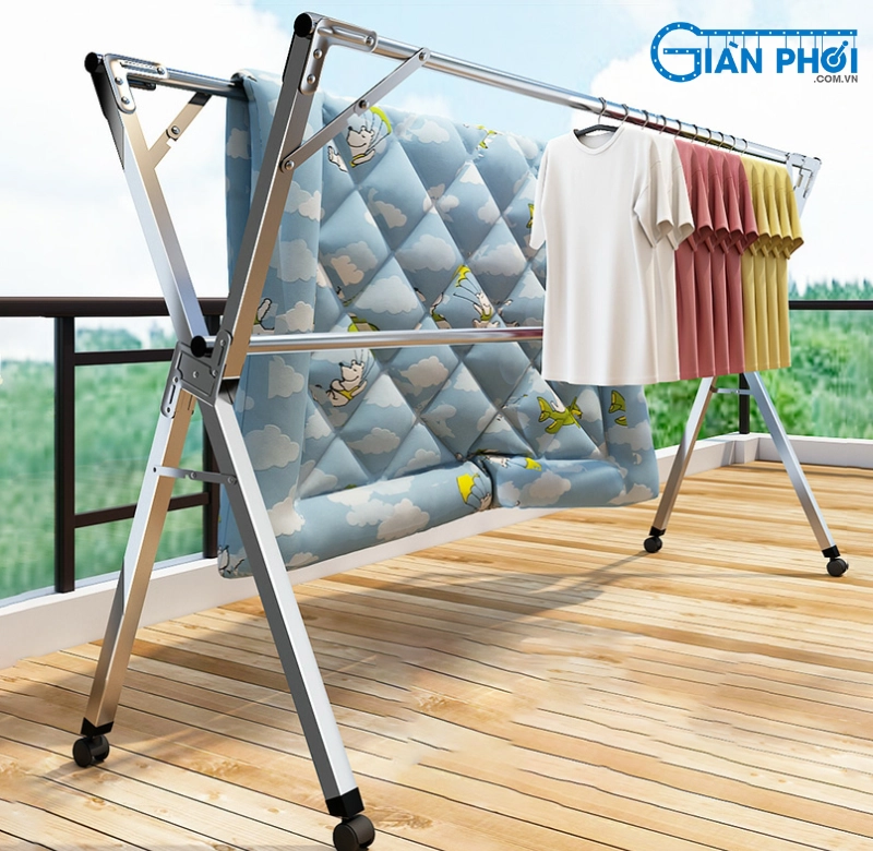 Cây phơi đồ inox có bánh xe chữ X 