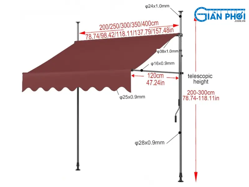 Kích thước mái hiên di động phổ biến Kích thước mái hiên di động phổ biến